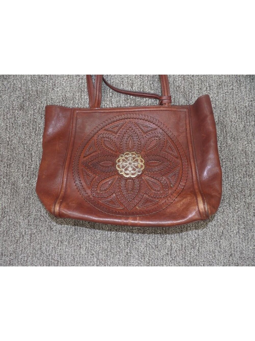 Brighton Brown Leather Tote Bag With Embossed Floral Design & Silver Accent
